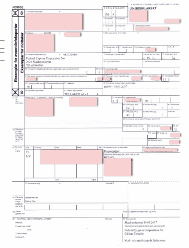 FedEx eksempel på  innførselsdeklarasjon