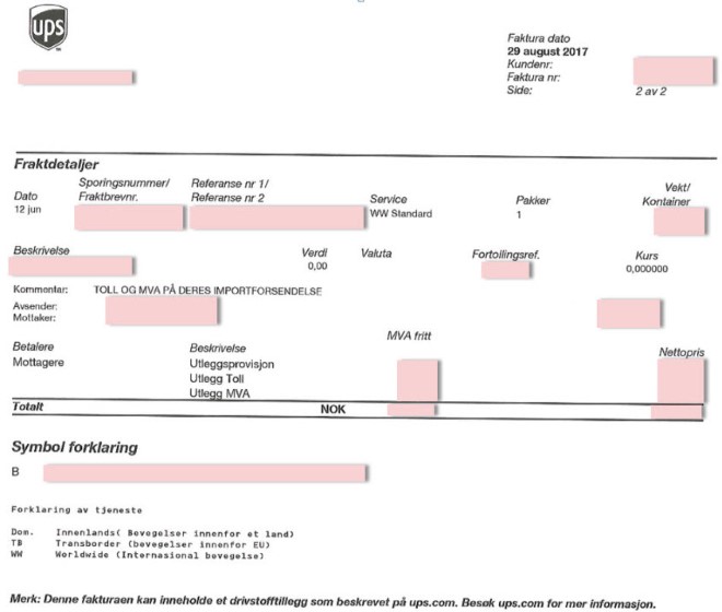 UPS eksempel på innførselsdeklarasjon